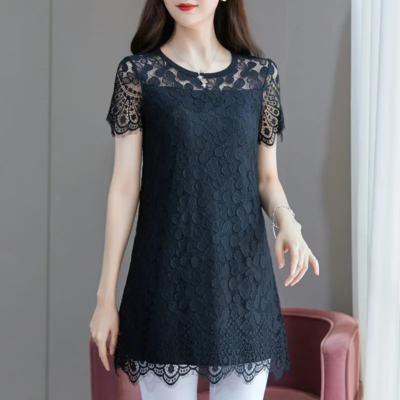 

New Arrival 2021 Summer Tops Large Size Hollow Lace Shirt Medium And Long Women's Blouse Black Clothing 3XL 4XL 5XL 6XL zh1053