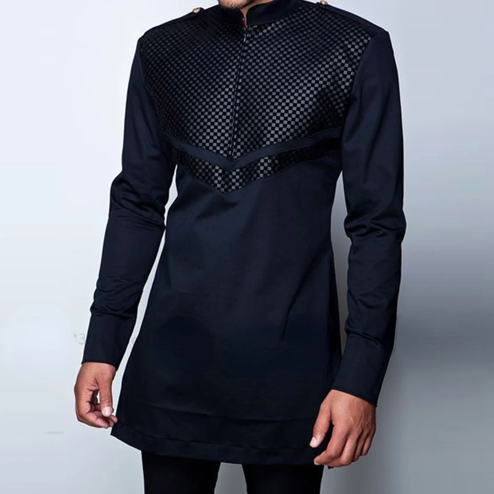 Muslim Fashion Men Black Casual Dubai Arabic Bazin Shirts Turkish African Riche Tee Tops Long Sleeve Blouse Islamic Clothing
