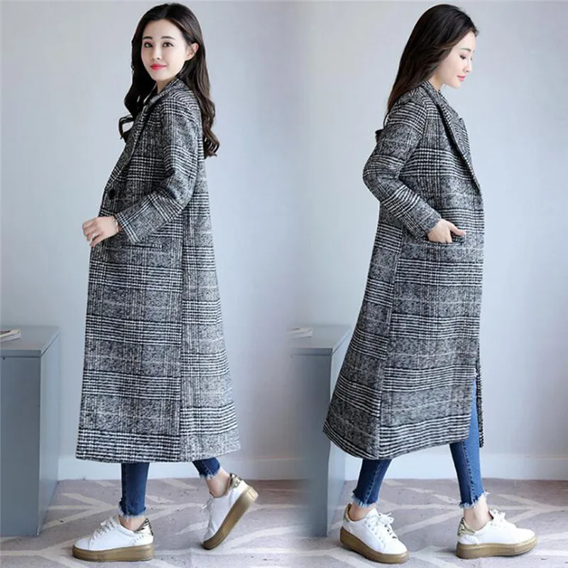 

Fashion Women Coat Plaid Classics Female Loose Long Single Breasted Coats 2021 Autumn Winter Jackets Trench Outerwear