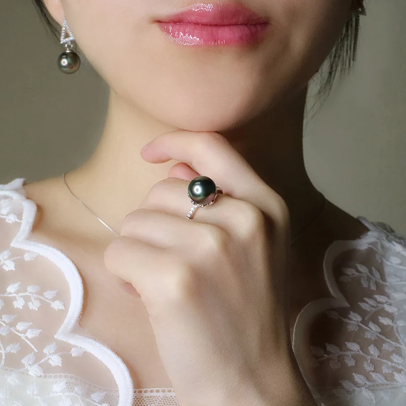 

Customized Shunjing Jewelry Tahidi Shell Pearls Black Pearl Ring Sterling Silver Diamond Ring Strong Light Fashion Young Simple