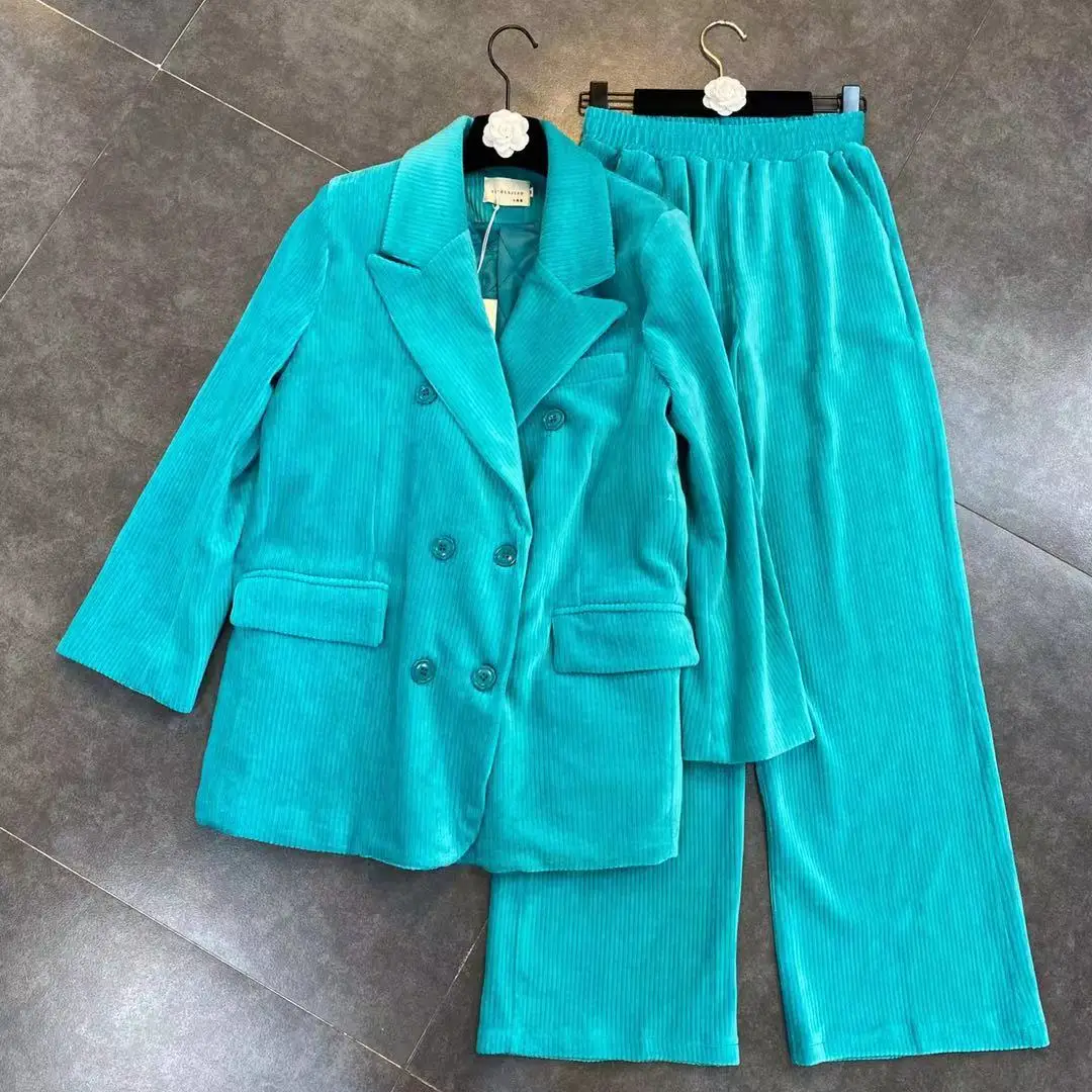 

ZCSMLL 2021 winter lapel long-sleeved double-breasted cotton suit with wide leg pants two-piece women set loose tide