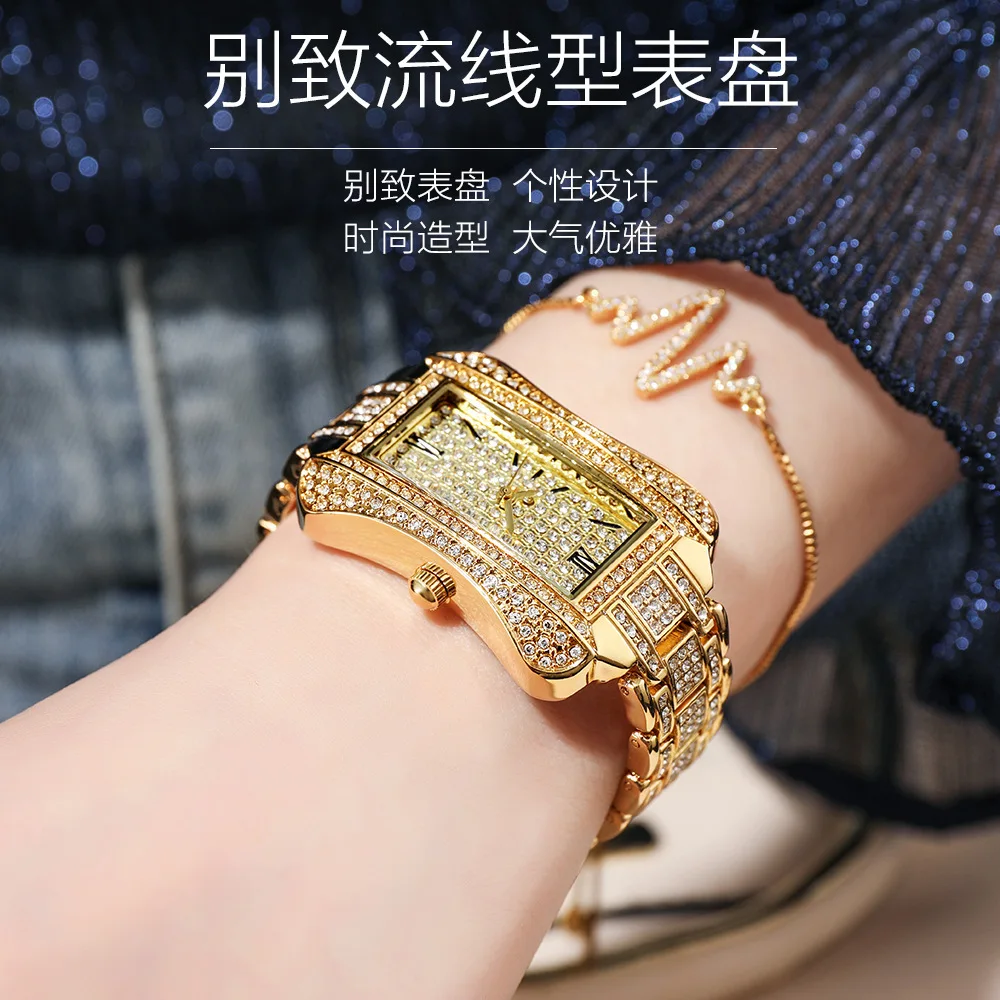 

The new quartz women's watch manufacturer straight hair diamond watch full of star square watch retro temperament fashion steel