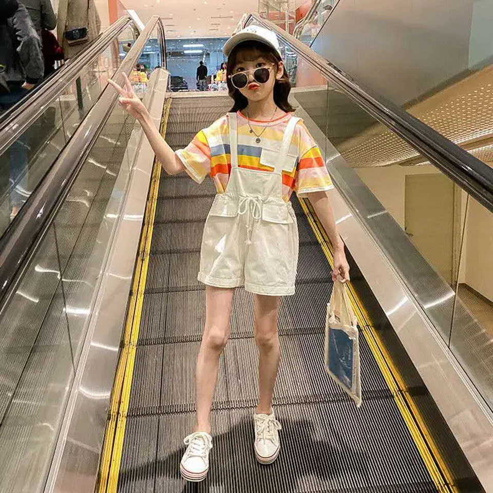 Новый комплект одежды для девочек из 2 предметов летняя футболка в полоску +