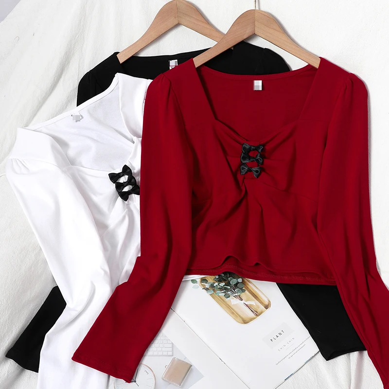 

Winter wear new age reduction color contrast bow long sleeve top versatile Korean slim short T-shirt
