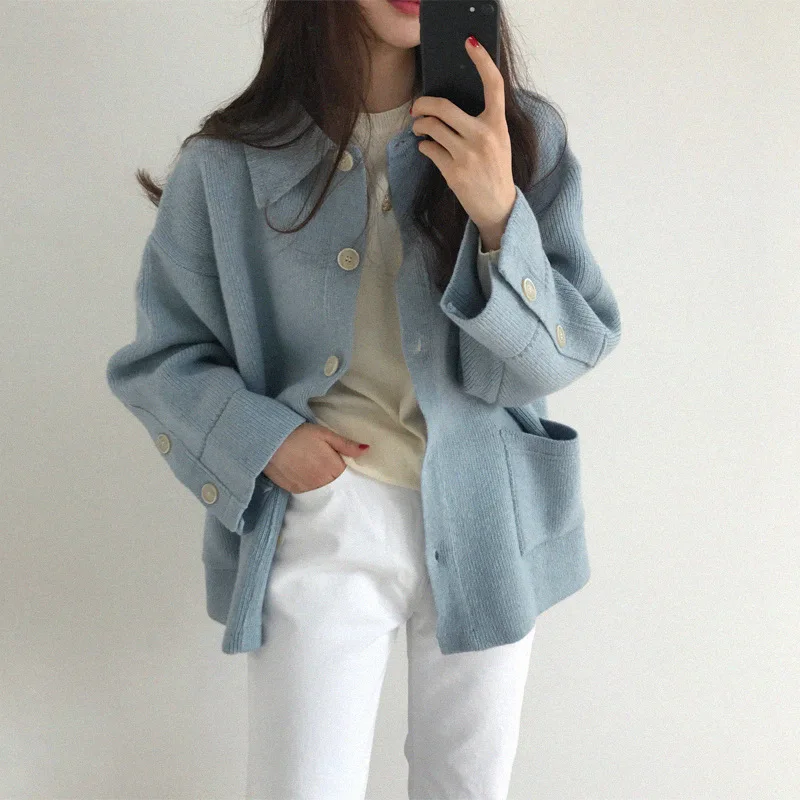 New cardigan women sweater pure color loose minimalist lapel long sleeve for autumn winter 2020 |