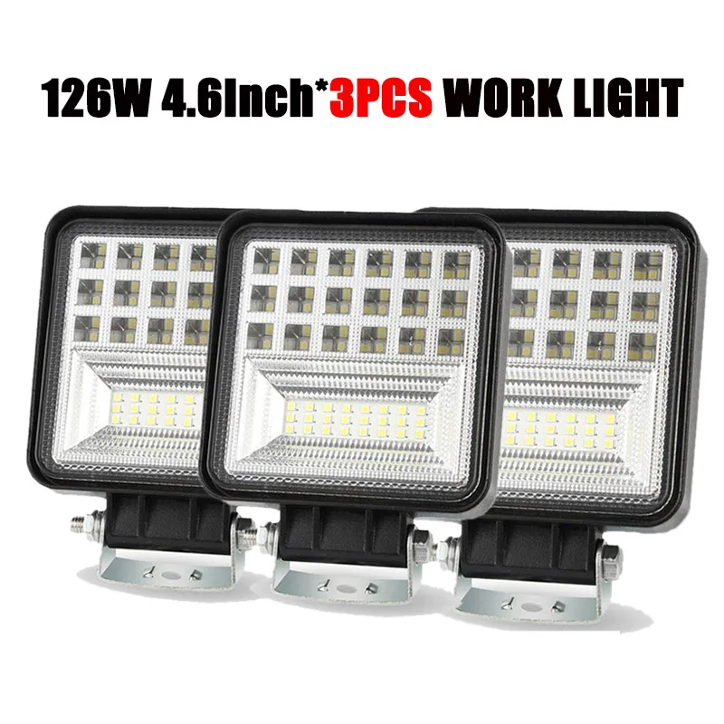 3PCS 126W 4.6Inch 126 Вт 4,6 дюймов внедорожный светильник, квадратный комбинированный точечный прожектор, светильник 4x4, Автомобильный светодиодный рабочий светильник, авто ATV, внедорожник, грузовик, мотоцикл, лодка, трейлеры - Цвет: 3PCS 126W 4.6Inch