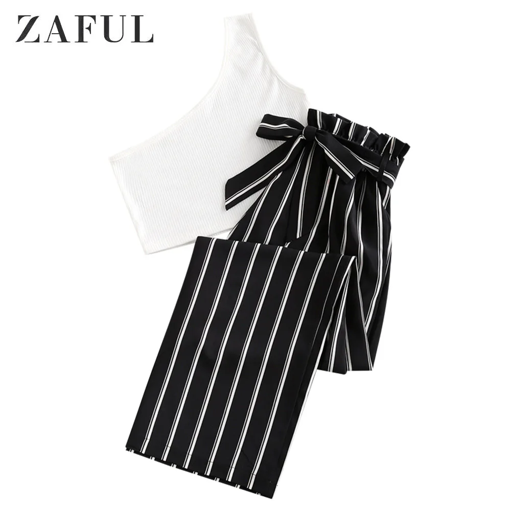 Женский костюм из двух предметов на одно плечо в полоску |