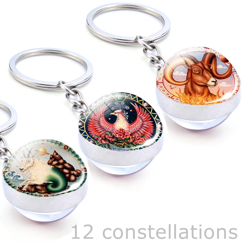 

Fashion Glass Ball Keychain 12 Zodiac Sign Keychains Men Car Keyring Women Bag Chains Gift Jewelry 12 Constellation Accessories