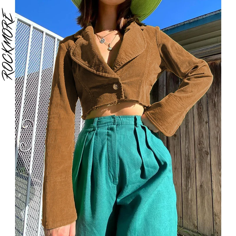 

Rockmore Corduroy Cropped Jackets Streetwear Women Vintage Long Sleeve Coats Autumn Female Single Button Outerwear Grunge 2021