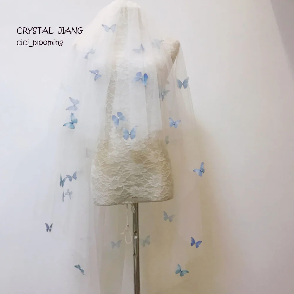 

Blue Butterfly Bridal Veils Raw Edge 4 Layers Colorfull Wedding Veil