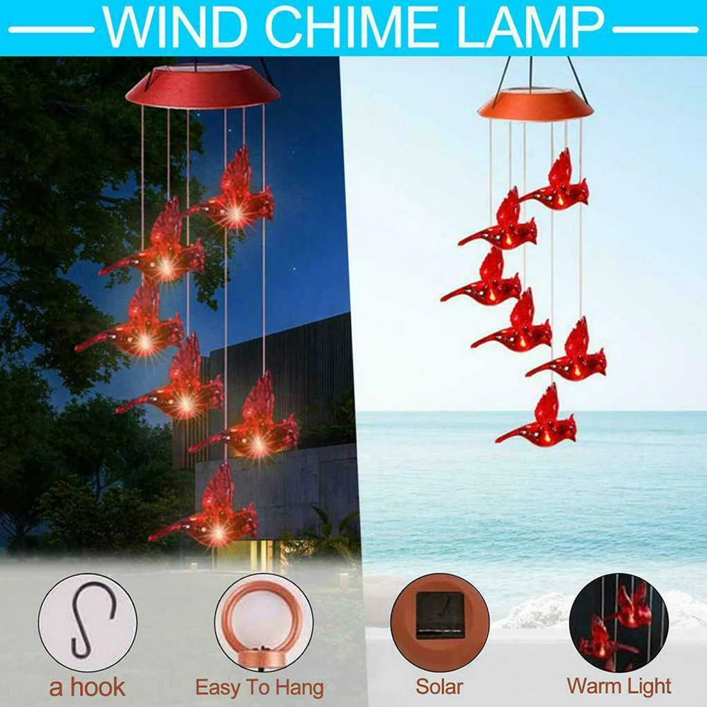 

Solar Cardinal Bird Wind Chime Light Waterproof Home Garden Decor Lights