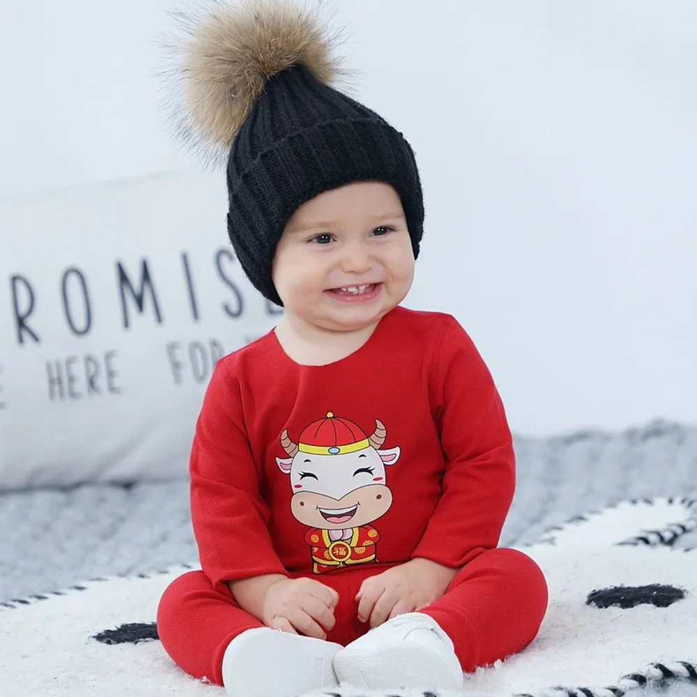 

2021 New Year Autumn Red Winter Children Thermal Underwear Set Baby Boys Girls Solid Clothes Suit Casual Warm Romper Onepieces