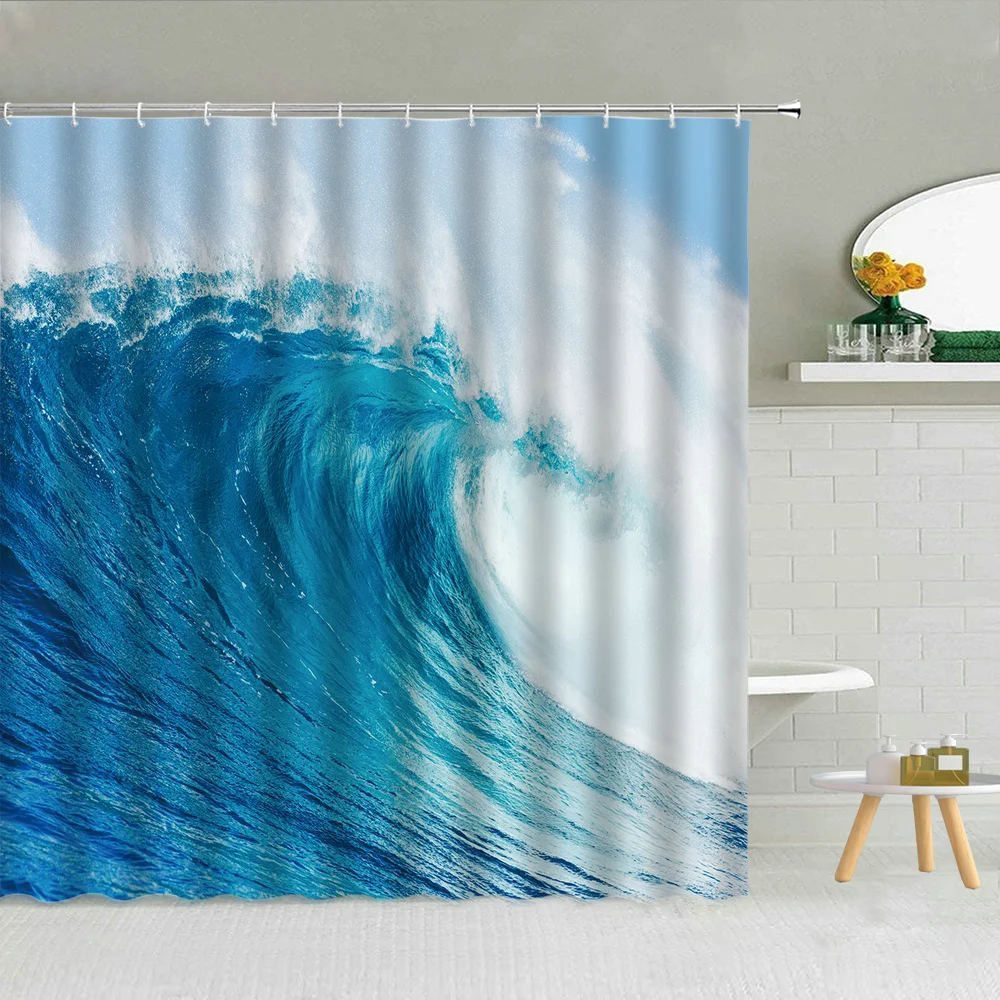 

Sea Waves Landscape Shower Curtain Beach Ocean Surfing Water Sports Bathroom Decor Seaside Scenery Waterproof Fabric Curtains