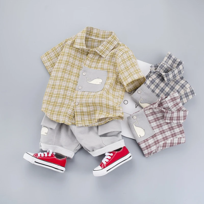 2020 Одежда для мальчиков летние детские комплекты одежды повседневная клетчатая