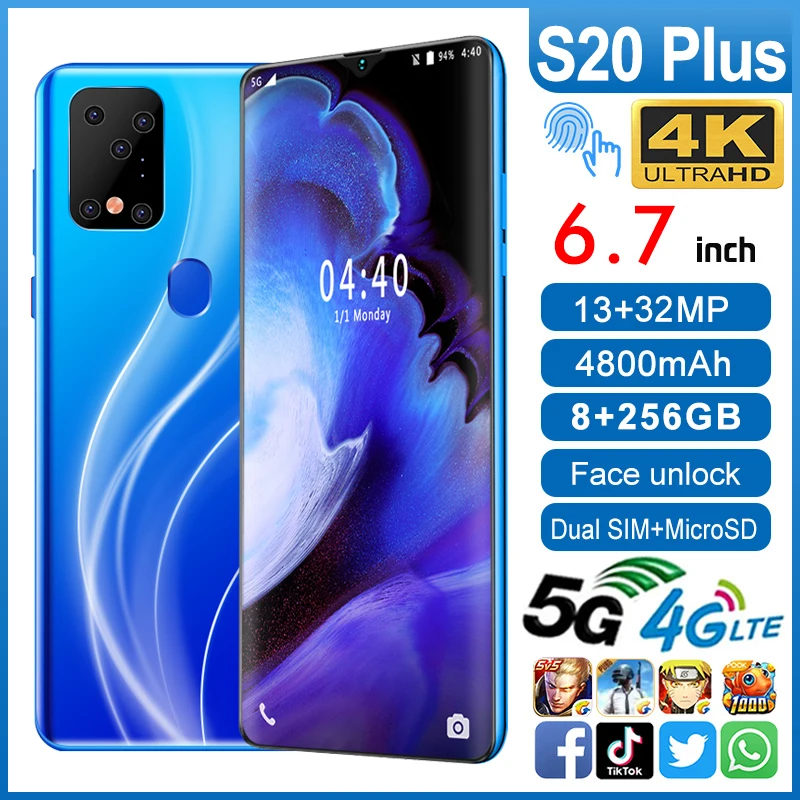 

New S20plus Dual SIM+SD Card Fingerprint Smartphones 6.7 Inch 4800mAh 13+32MP Andriod 9.0 Mobile Phone MT6799 Snapdragon 865