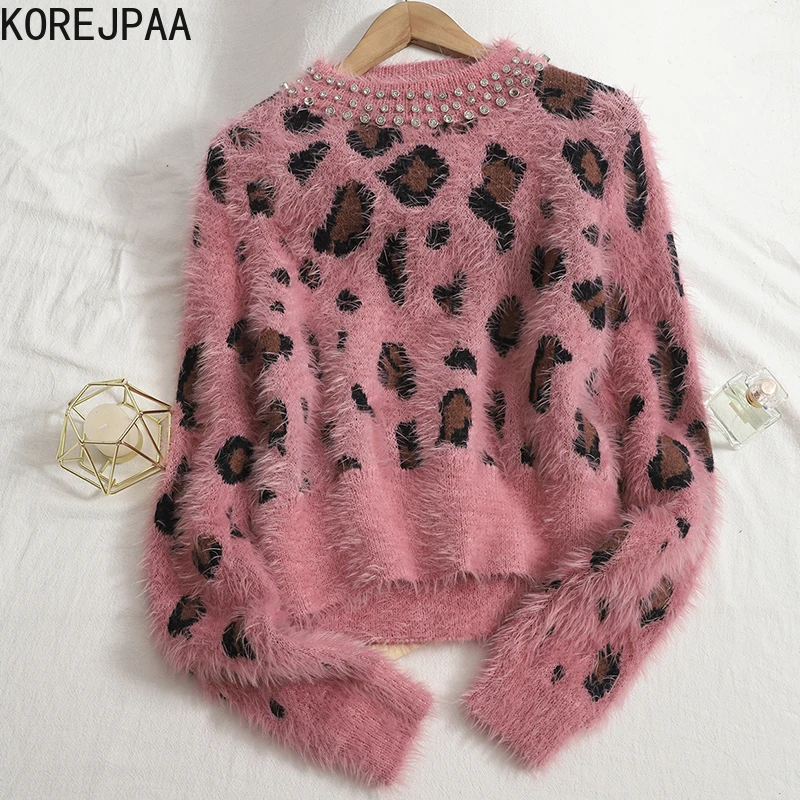 

Korejpaa Vintage Leopard Sweater Women O-neck Diamonds Casual Long Sleeve Cropped Pullover Female Autumn Winter Knitwear
