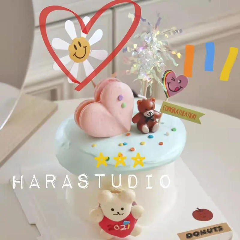 Bear Cake Topper Baby Shower Wedding Dessert Decoration Cute Letter Smiley Flowers Girl Birthday Party Boy Baking Supplies |