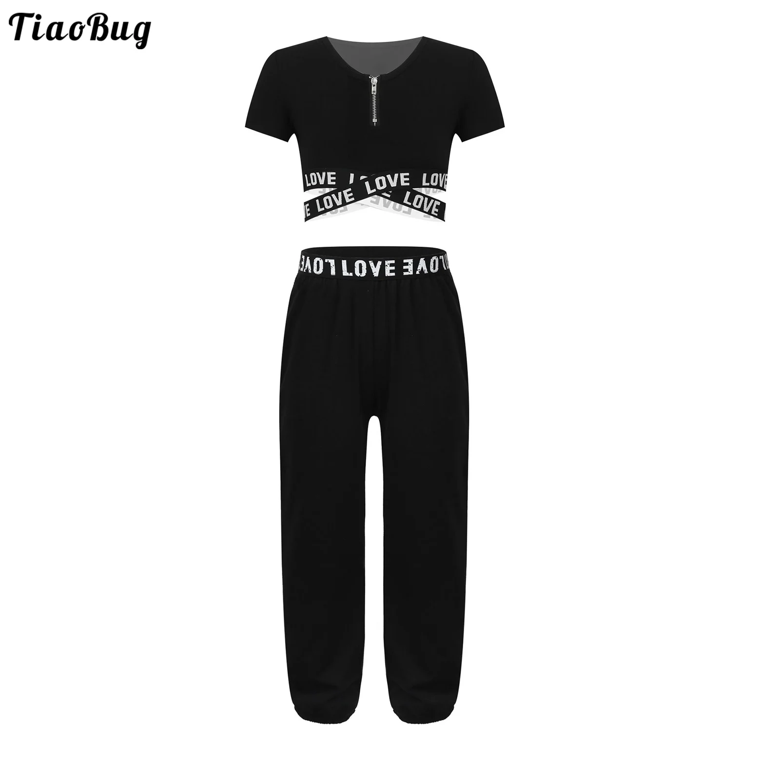 

TiaoBug Summer Kids Girls 2Pcs Sportsuit Round Neck Short Sleeves Letters Printed Cropped Top And Pants Sets For Yoga Gym