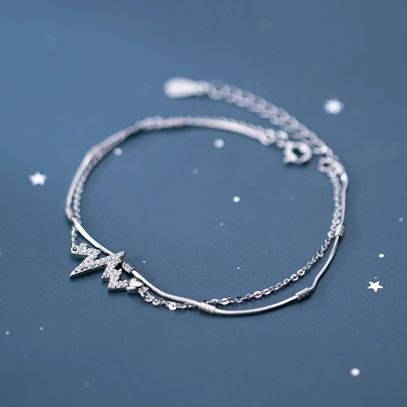 

925 Sterling Silver Fashion ECG Wave Double-Layer Rolo Chain Bracelet Jewelry For Women Lady Girls Party Gift