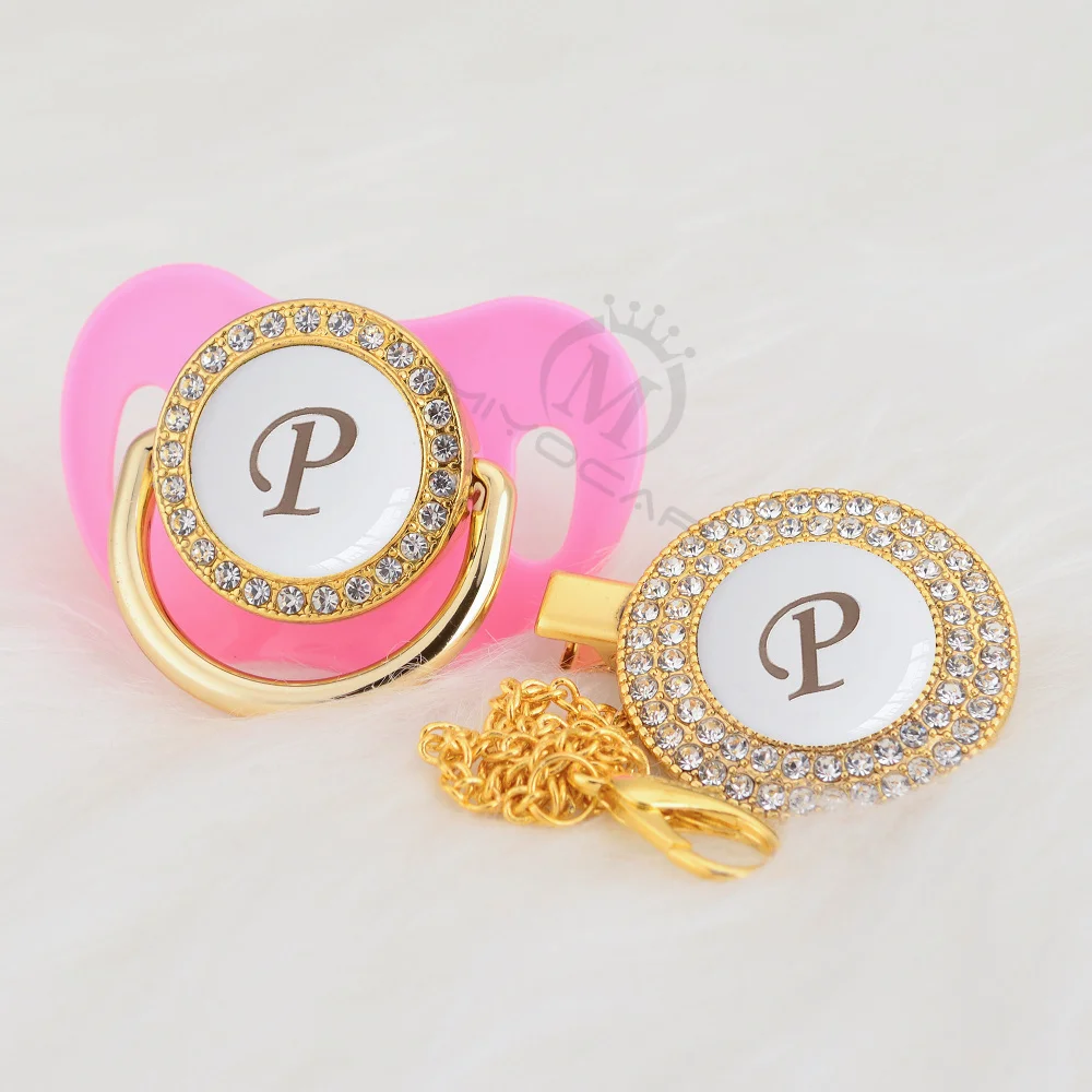 Шикарные имя инициалы буква P Элегантный серебряный белый BLING соска и клип BPA
