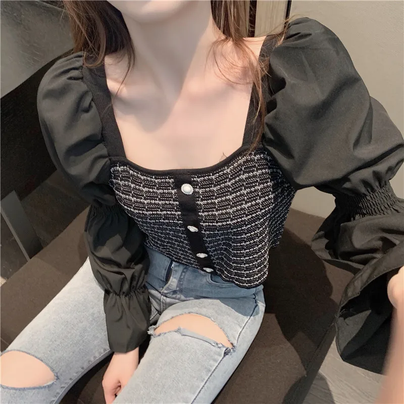 

Autumn new female knitting stitching color matching long sleeve shirt show thin han edition lantern sleeve shirts
