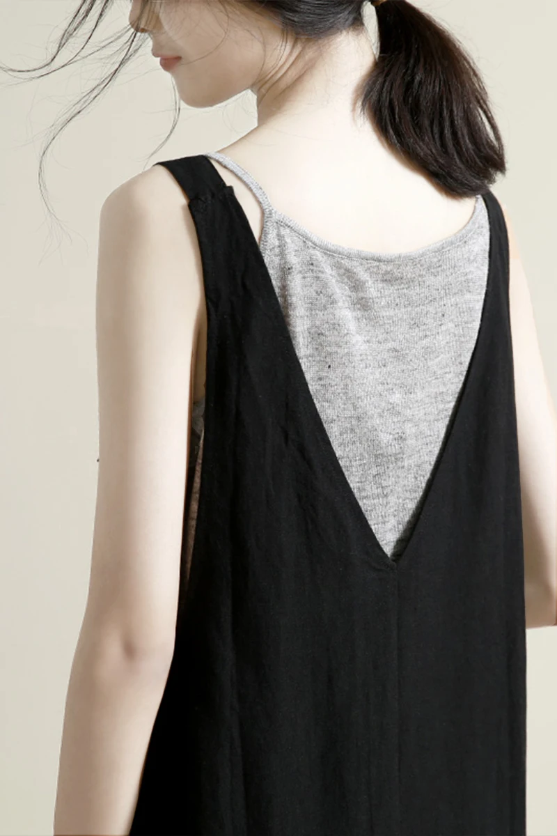 

Summer New Women Casual Simple Loose Vintage Comfortable Skin Friendly Water Washed Cotton Linen Black Sleeveless Deep-V Dresses