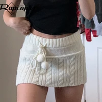 rapcopter y2k knitted mini skirts lace up fur cute sweet pencil skirts twist skinny low waisted short women skirts autumn chic