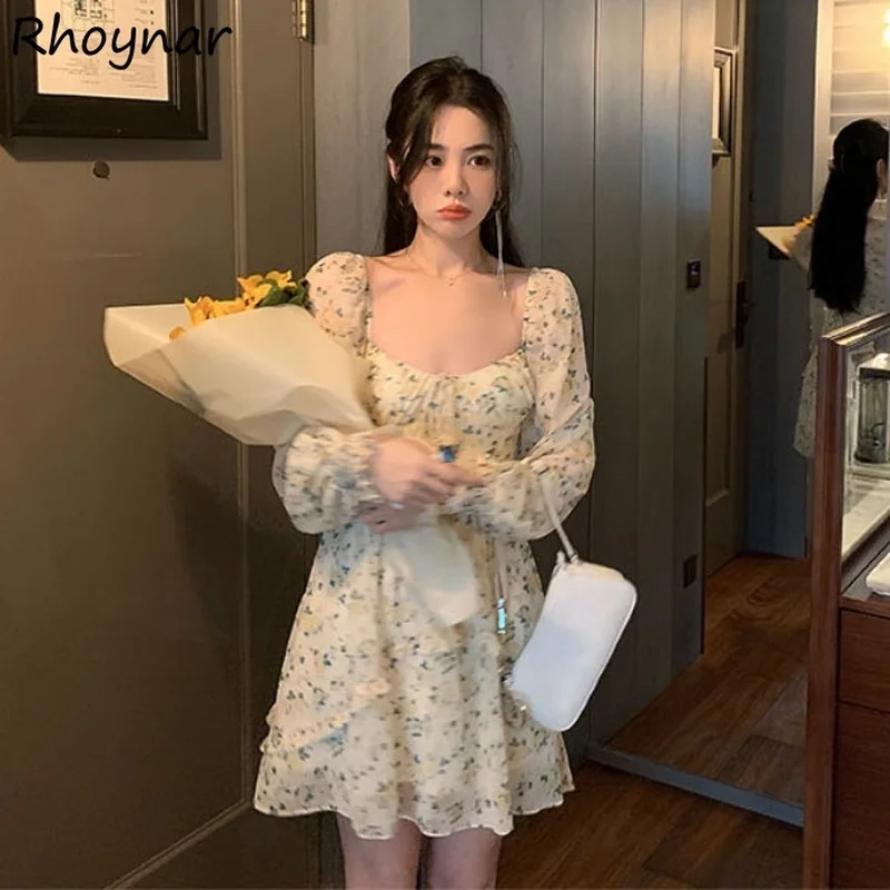 

Long Sleeve Dresses Women Floral Tender Korean Style Sweet Mini Vestdios Summer Party Elegant Leisure Female Lady Fashion Girls