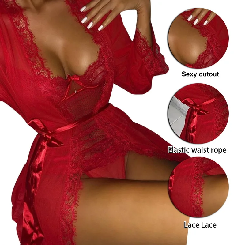 

New Hot Sexy Lingerie Plus Size Satin Lace Black Kimono Intimate Sleepwear Robe Sexy Night Gown Women Erotic Underwear