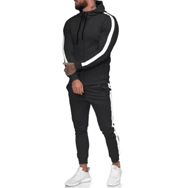 

men clothes set Hot new muscle men's zipper shirt hooded stitching sweater men's casual sports suit men clothing men sets