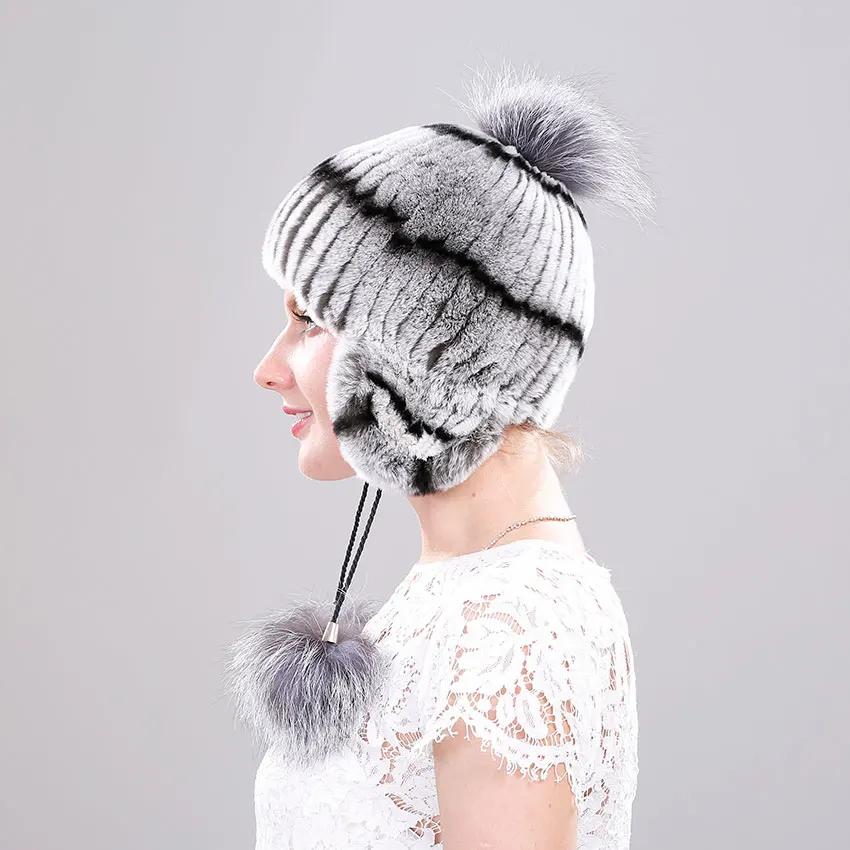 ICYMI Настоящий мех кролика шапка с ушами эластичные вязаные женские зимние