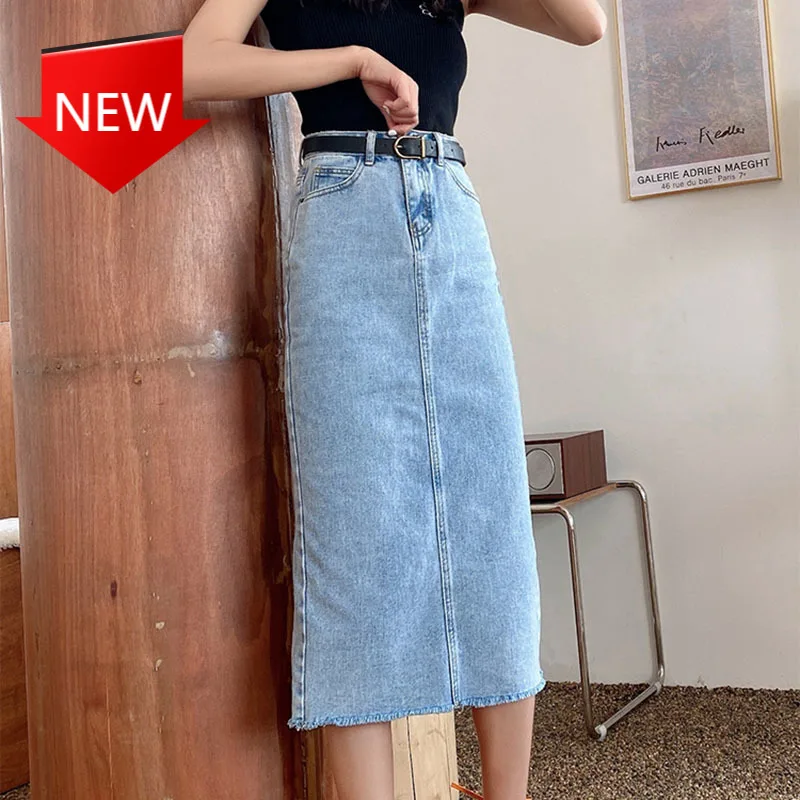 

2022 New Arrivals Blue Sky Blue Tassel Split Casual Jean Skirts For Ladies jupe longue femme High Waist Women Denim Skirt Long