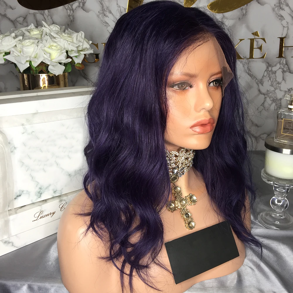 JRX волосы длинные натуральные волны темно фиолетовый цвет кружева передние