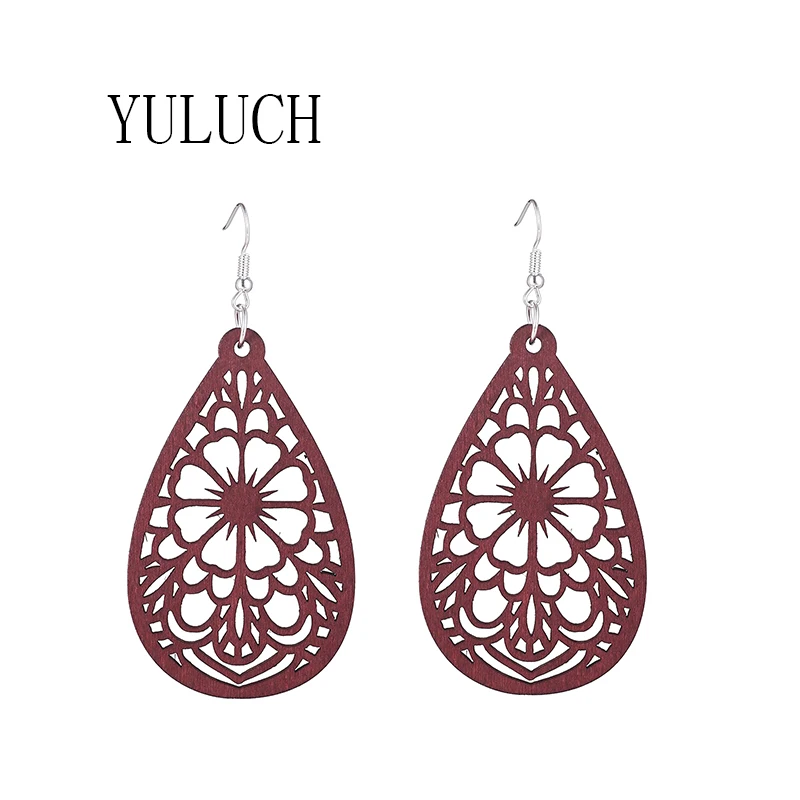

YULUCH Wood Water Drop Flower Earrings Woman Hollow Art Elegant Party Jewelry Girls Wooden Earrings Birthday Gift Accessories
