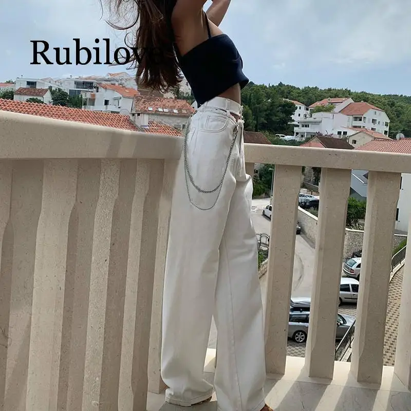 

Брюки Rubilove женские с завышенной талией, повседневные уличные однотонные белые модные длинные штаны в стиле хип-хоп, с цепочкой и поясом и ка...