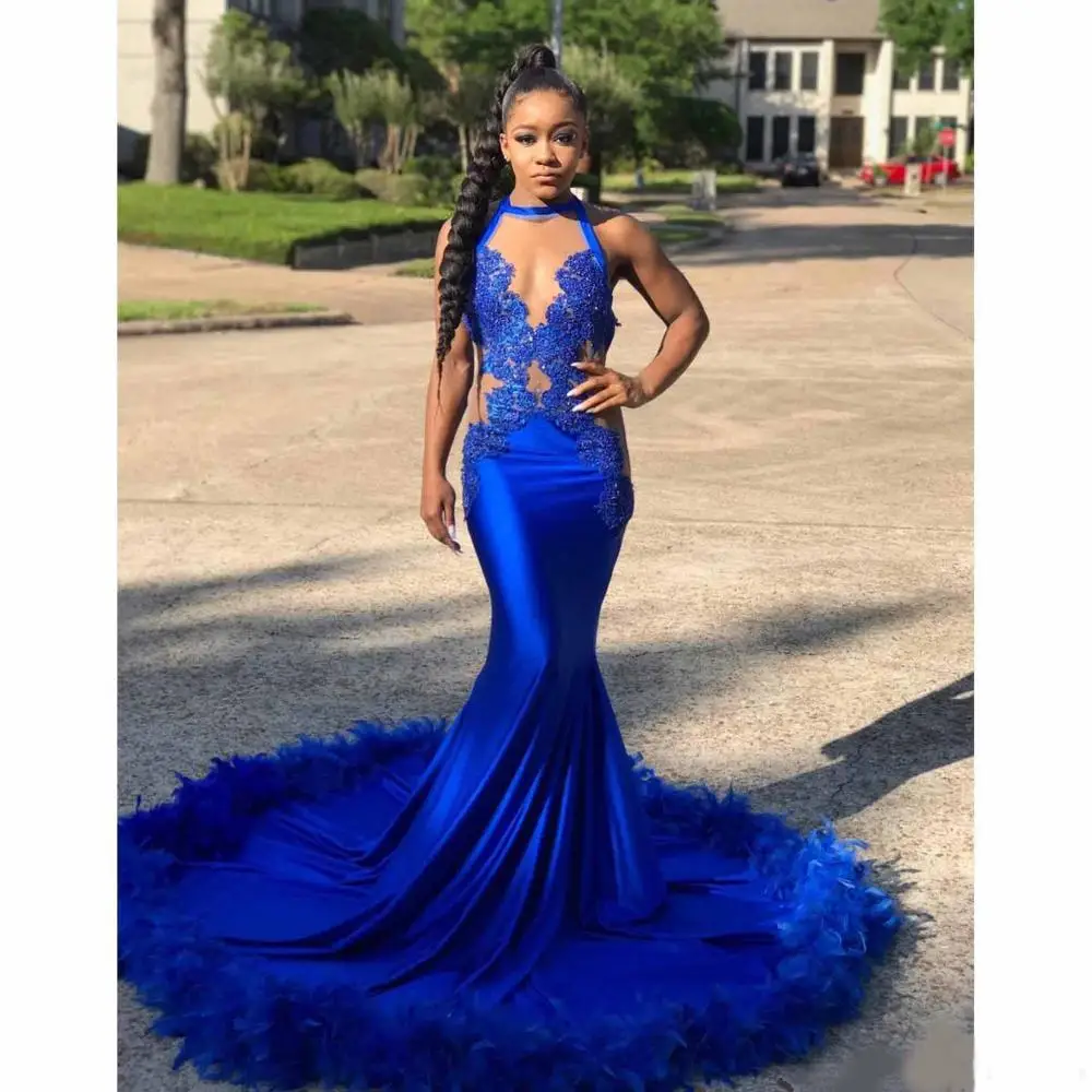 

Sexy Royal Blue Mermaid Prom Dresses For Black Girl Lace Appliques With Feather Court Train Deep V Neck Evening Dress Formal Dre