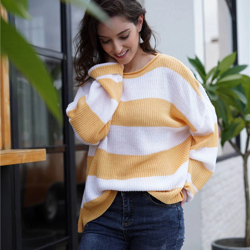 Женский свободный пуловер в полоску зеленый вязаный джемпер Осень-зима 2019 |