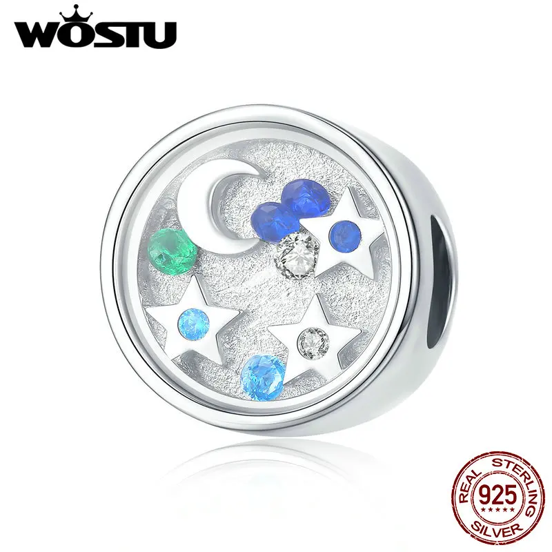 WOSTU Настоящее серебро 925 пробы бусы Шарм с Луной и звездой подходит DIY браслет