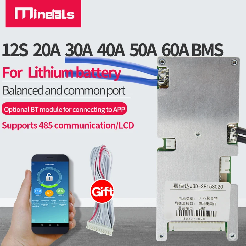 Умный BMS порт 12S 36 В сбалансированный bluetooth 20A 30A 40A 50A 60A коммуникационная 32650