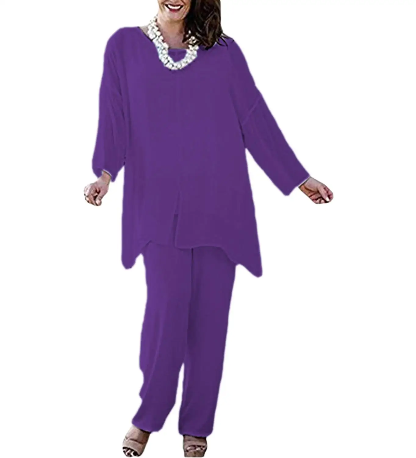 Шифоновое платье для матери невесты с разрезом спереди и длинными рукавами |