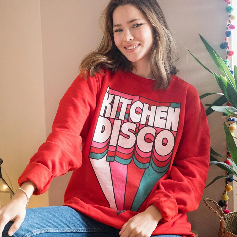 

Kpop Long Sleeve Thick 2021 Spring Clothes Loose Cotton Sweatshirts Rainbow Letters Printed Women Funny Red Pullover