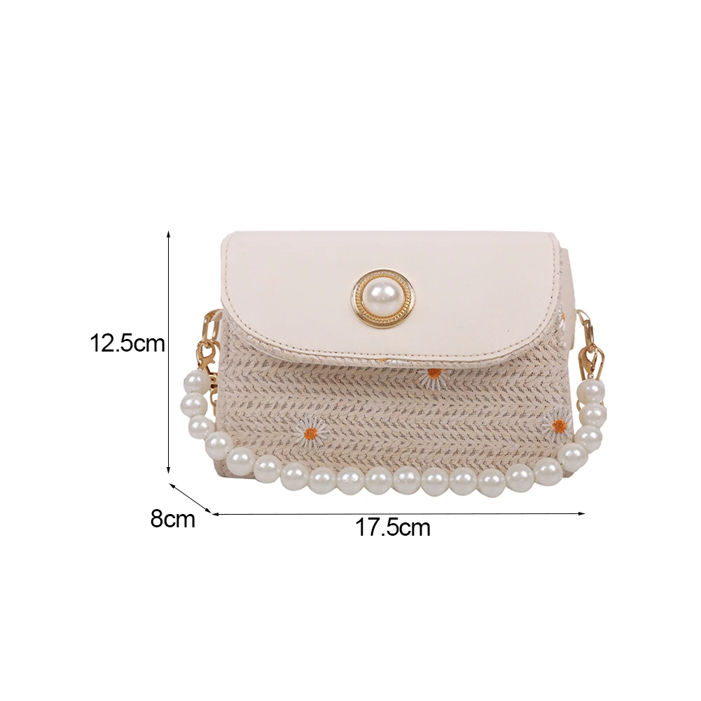 

Fashion Women Straw Woven PU Leather Lace Daisy Embroidery Shoulder Crossbody Messenger Bag Pearl Chain Mini Flap Handbags