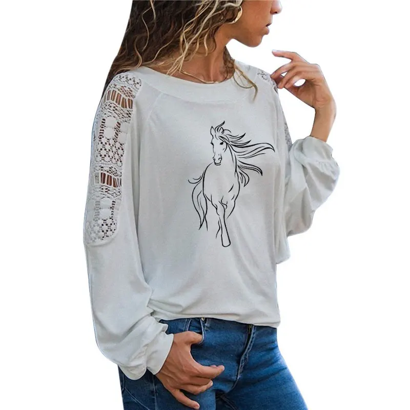 Творческий лошадь футболка для женщин с длинным рукавом и О-образным вырезом