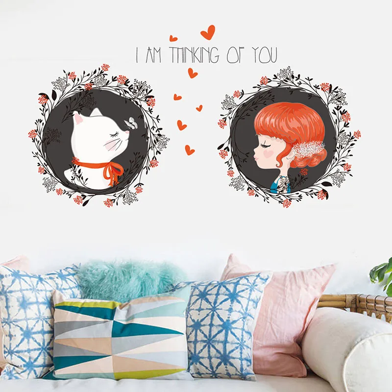 Милая девушка любовь Кошка Декор стены стикеры Catoon наклейки для украшения