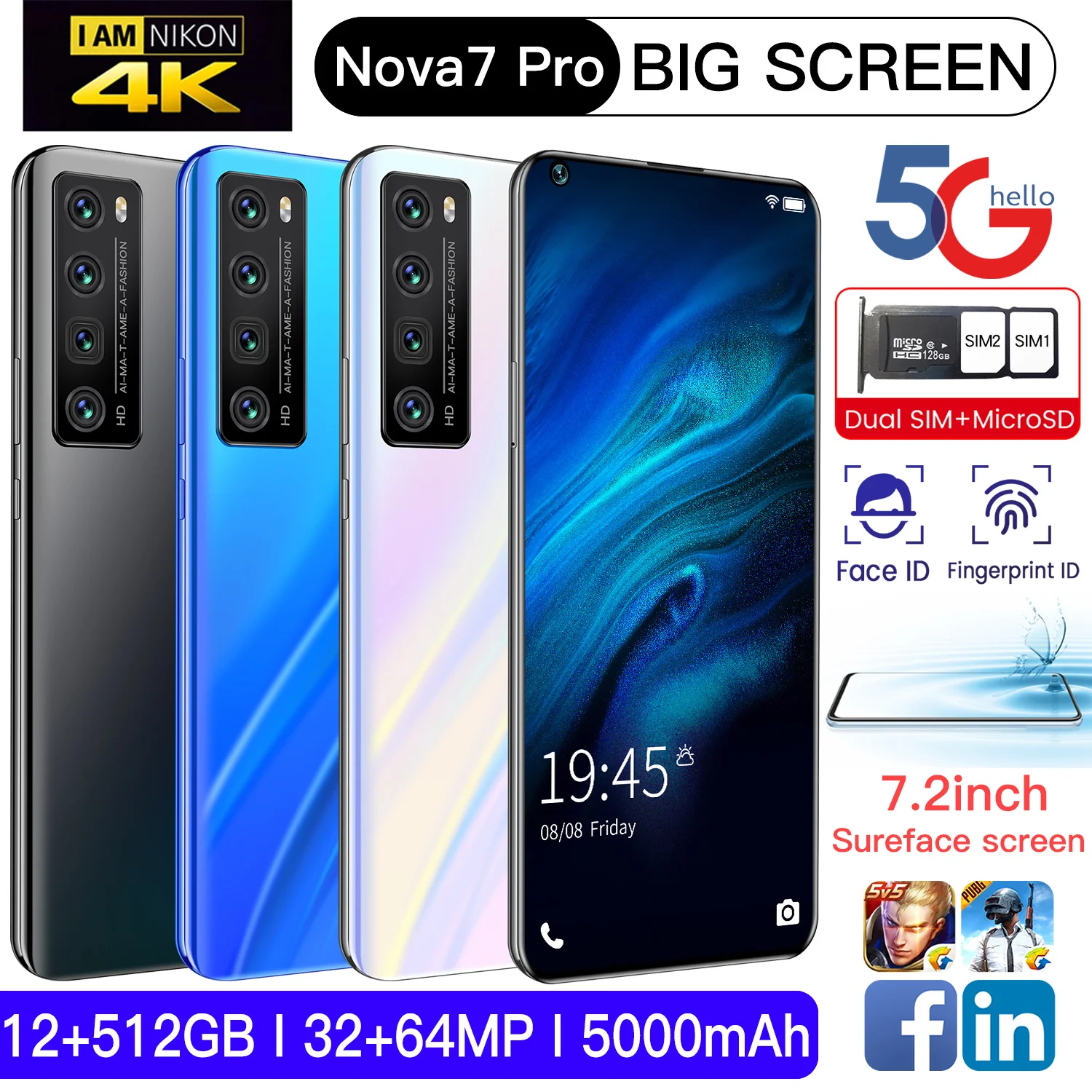 

Smartphone HUAWA Nowa7 Pro Global Version Android10 12G+512G 7.2Inch 5G 32+64MP Deca Core 5000mAh Undefined Mobile Phone