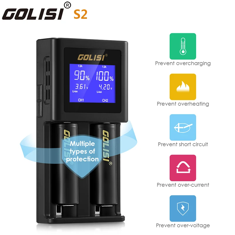 GOLISI S2 2.0A смарт-зарядное устройство lcd для 18650 20700 26650 литий-ионный Ni-MH Ni-Cd AA AAA перезаряжаемый аккумулятор