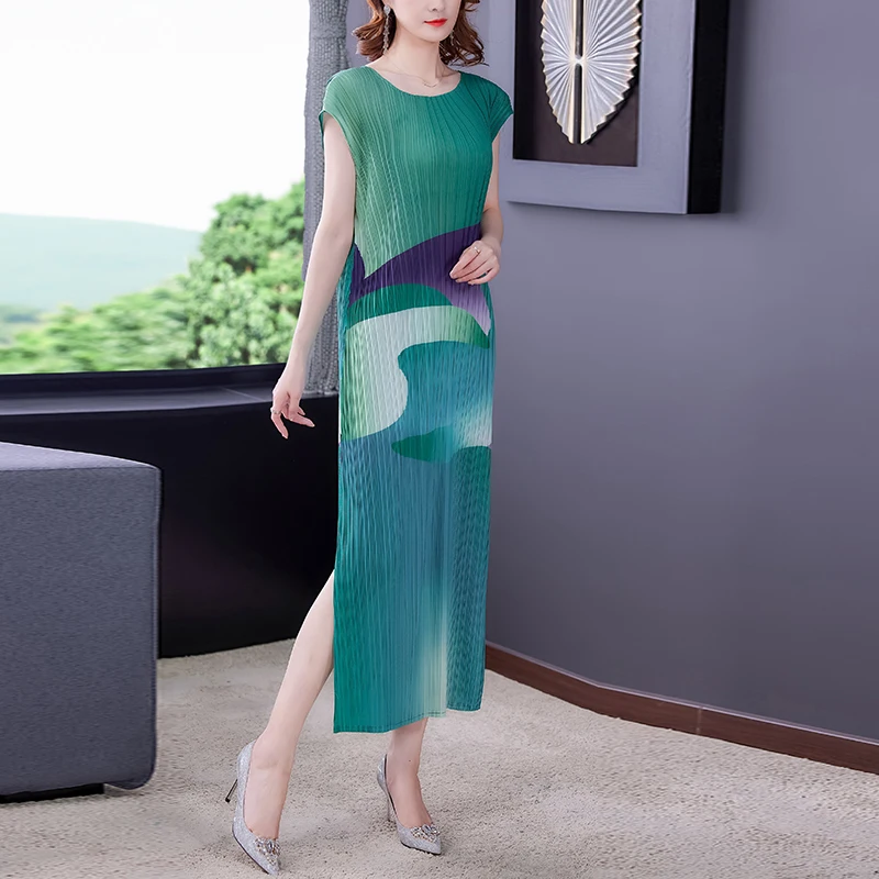 

COIGARSAM Sleeveless Women dress Summer Pleated Dresses Green Yellow 1055