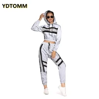 streetwear silver reflective tracksuit womens 2 piece sets 2021 hooded crop top and pants striped jogging femme two piece set