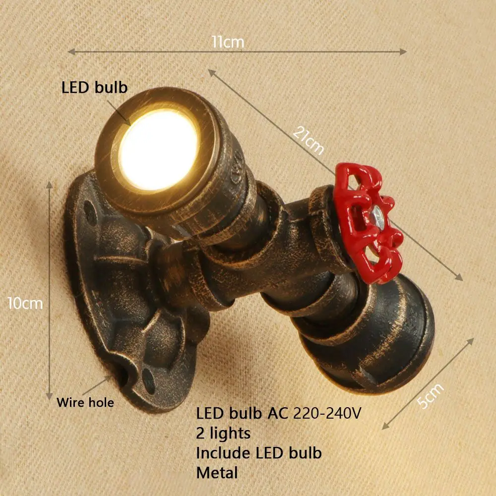 Светильник настенный винтажный с двумя лампами LED, выполненный в стиле лофт-индастриал из железа с ржавой отделкой "водопроводная труба" для спальни, ресторана, бара, ванной комнаты.