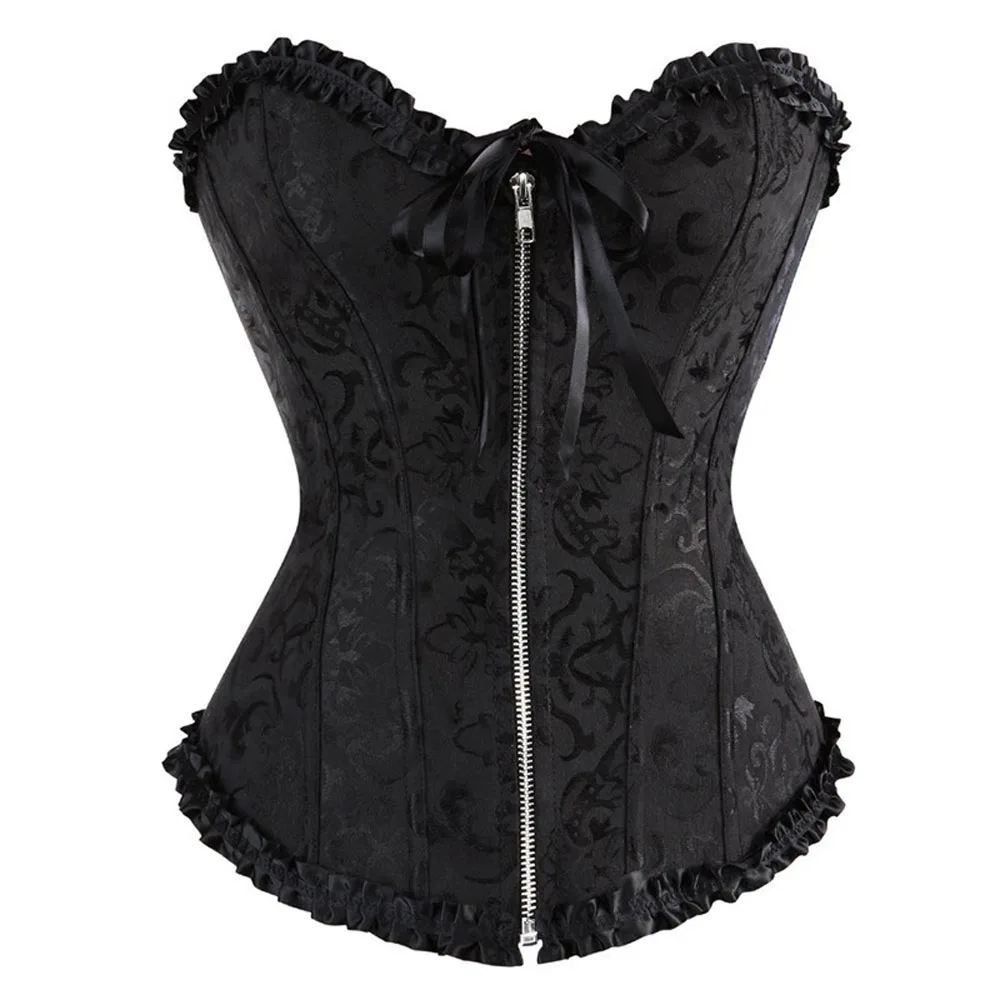 

Sexy Overbust Corset Lace Up Erotic Zip up Floral Bustier for Women Corset Lingerie Top Brocade Victorian Fashion Corselet Black